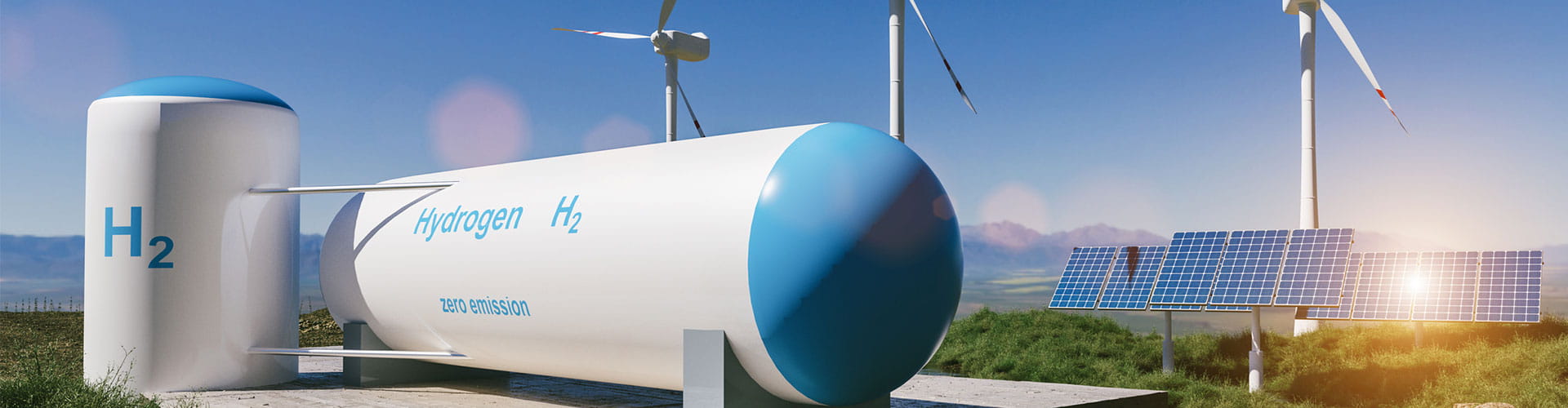 3D rendering of renewable hydrogen tank, solar panels and wind turbine.