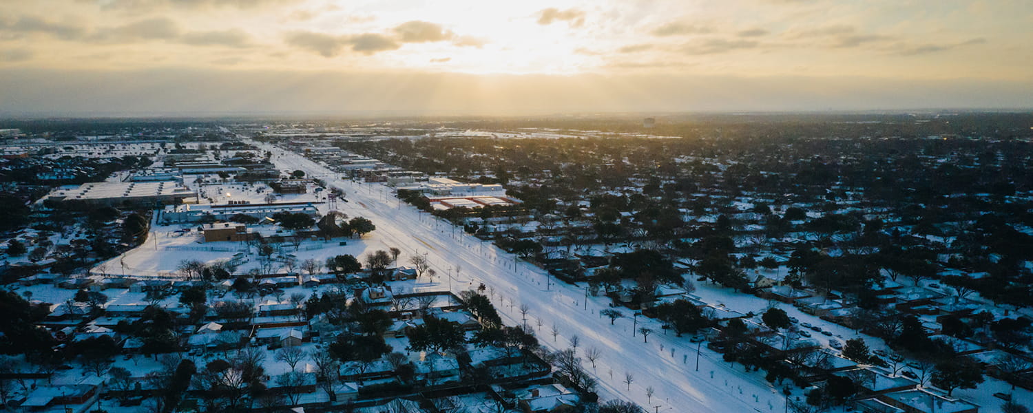 Aerial view of Texas covered in snow during the 2021 blackout