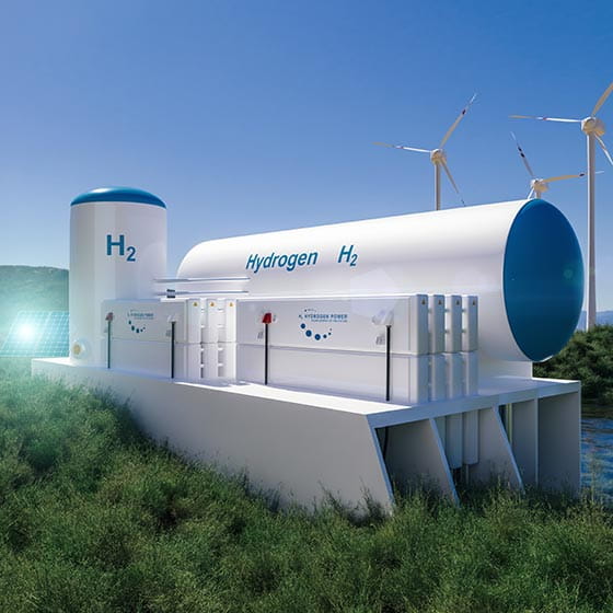 Illustration of a hydrogen tank next to a river with 3 wind turbines in the background.