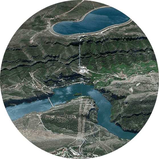 Aerial view of a pumped hydropower plant in Spain.