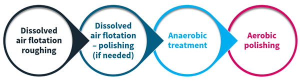 Four alternatives for wastewater treatment: Dissolved air flotation roughing, polishing, Anaerobic treatment, Aerobic polishing.