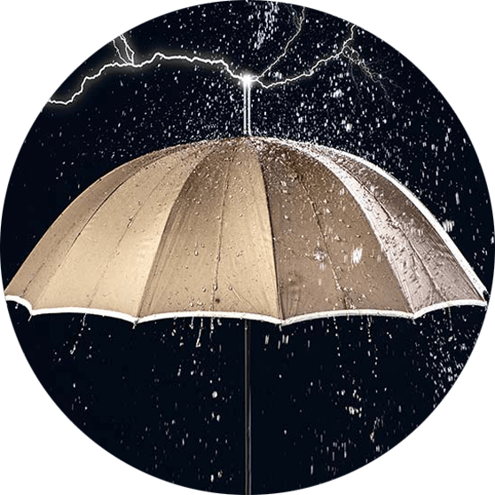 Umbrella with rain falling and illustrative lightning touching the top.