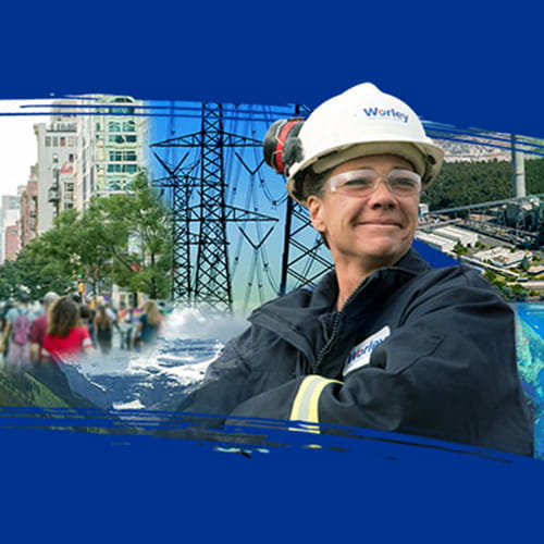 Collage of Worley engineer, underground structure, chemical plant, powerlines and body of water.