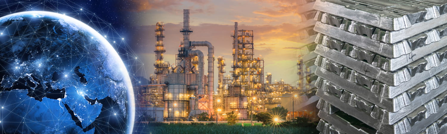 Collage of an oil refinery, the Earth and calcined petcoke stack